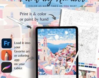 Puede incluir: Una imagen digital de pintura por números de una ciudad colorida con un océano azul y un cielo azul brillante. La imagen se muestra en una tableta con un lápiz óptico al lado. El texto "Paint by Number" está en la parte superior de la imagen. El texto "Color as many times as you want" está debajo del título. El texto "Print it & color or paint by hand" está debajo de la primera línea de texto. El texto "Load it into your favorite art or coloring app on your tablet" está en el lado izquierdo de la imagen.