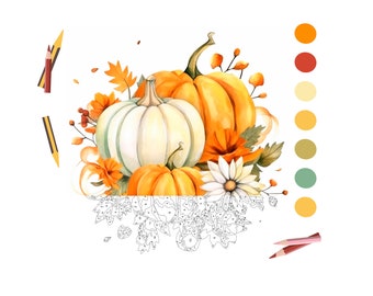 May include: A paint-by-numbers kit featuring a watercolor illustration of three pumpkins with fall leaves and flowers. The kit includes a numbered canvas, paint brushes, and acrylic paints in various shades of orange, yellow, white, and green.