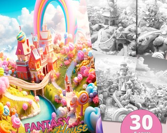 30 Fairy Candy Landscape Coloring Book - Adults Coloring Pages, Instant Download, Grayscale Coloring Book, Printable PDF File| 831
