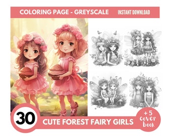 30 Forest Fairy Girl Coloring Book - Adults Coloring Pages, Instant Download,Grayscale Coloring Book,Printable PDF File|1245