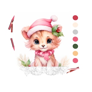Pode incluir: Uma ilustração de desenho animado fofa de um tigre usando um chapéu de Papai Noel rosa com um laço rosa e folhas de azevinho. O tigre está sentado em um fundo branco com um contorno preto e branco de uma cena de Natal.