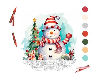 May include: A paint by numbers kit featuring a snowman with a red and white striped hat and scarf, standing in front of a Christmas tree with red ornaments. The kit includes a color palette with 10 colors.