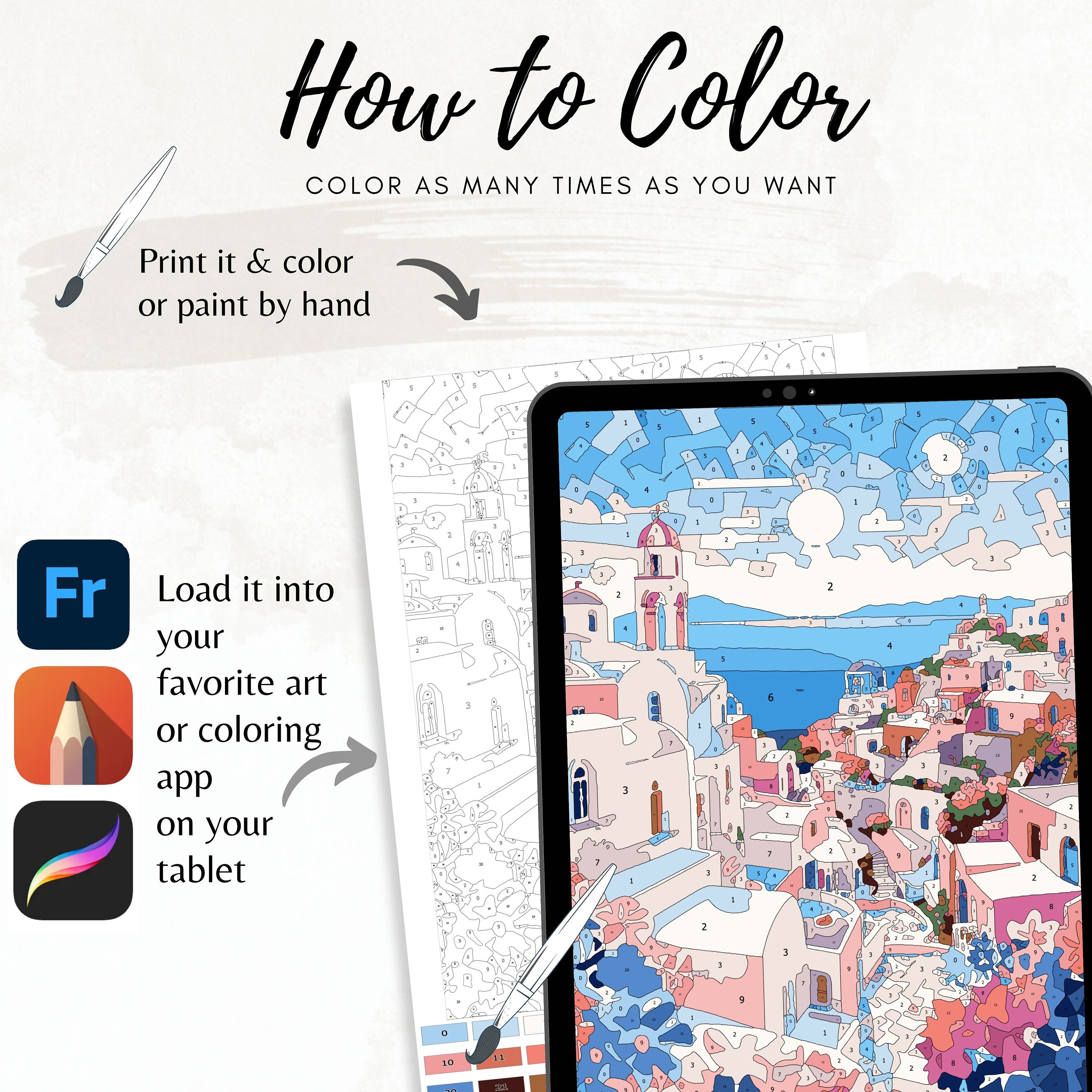 Color by Number for Adult, Paint by Number Printable, Santorini City ...