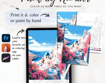 Puede incluir: Una escena digital de pintar por números de un pueblo costero con edificios blancos, flores rosas y cielo azul. La imagen se muestra en una tableta con un lápiz óptico, y también se muestran versiones impresas. El texto dice "Paint by Number".