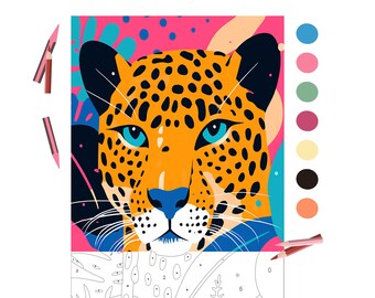 May include: A paint by numbers kit featuring a close-up of a leopard's face with blue eyes. The leopard is surrounded by colorful tropical leaves and flowers. The kit includes a numbered canvas, paint brushes, and acrylic paints.