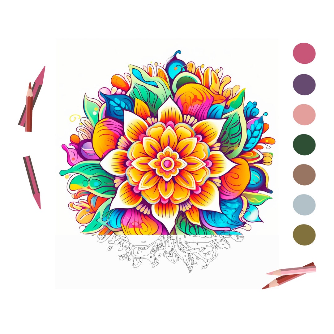 Color by Number for Adult, Mandala Flower, Paint by Number Printable