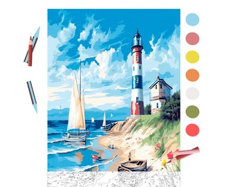 Op de afbeelding: Een schilderen-op-nummer-set met een vuurtoren met rode en witte strepen, een zeilboot en een blauwe lucht met witte wolken. De set bevat een canvas, kwasten en acrylverf.