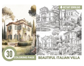 30 Beautiful Italian Villa Coloring Pages for Adults,Grayscale Coloring Book, Coloring pages kids,Instant Download, Printable PDF File |473