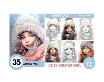 May include: A digital coloring book featuring a cute winter girl with long brown hair wearing a white knit hat with a fur trim and a pink scarf. The book includes 35 coloring pages and 5 cover pages. The image is in grayscale.