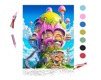 Color By Number for Adult, Paint by Number Printable, Fairy House, Coloring Pages ,Sheets Digital Download,Advanced detailed Book| 871