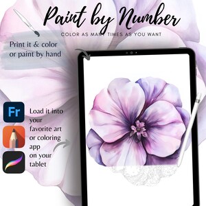 Puede incluir: Un diseño digital de pintar por números que se muestra en una tableta, con una flor morada al estilo acuarela. La imagen incluye el texto "Paint by Number" e instrucciones para imprimir y colorear o pintar a mano.