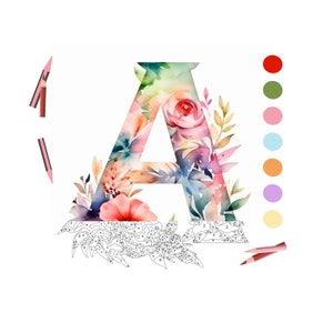 Puede incluir: Un kit de pintura por números con un diseño floral con la letra A en el centro. El diseño incluye flores rosas, rojas, azules, verdes y amarillas. El kit incluye un juego de lápices de colores.
