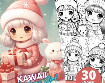 30 páginas para colorear de Navidad de Chibi Kawaii - Páginas para colorear para adultos, descarga instantánea, libro para colorear en escala de grises, archivo PDF imprimible/1364