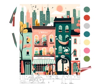 Color By Number for Adult, Paint by Number Printable,Bohemia New York Cityscape,Coloring Page,Sheets Digital Download,Advanced detailed|1516