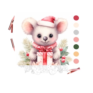 Pode incluir: Um rato branco bonito usando um chapéu de Papai Noel vermelho e uma echarpe rosa segura uma caixa de presente vermelha e branca listrada com um laço rosa. O rato está rodeado de azevinho verde e galhos de pinheiro com bagas vermelhas.