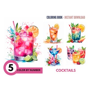 Malen nach Zahlen für Erwachsene, Malen nach Zahlen, 5 Cocktails, Malvorlagen digitaler Download, erweiterte detaillierte Blätter nummeriert Buch | 424