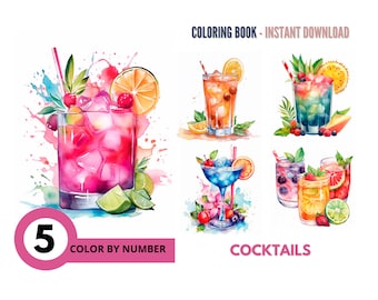 Puede incluir: Un libro para colorear con cinco ilustraciones de cócteles coloridos. El libro se titula "Cócteles" y presenta el texto "Colorear por números".