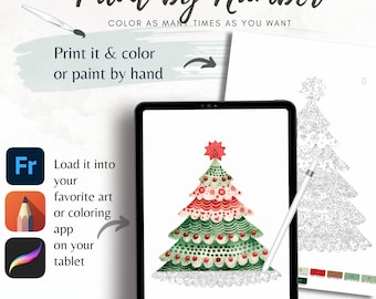 May include: A digital Christmas tree design on a tablet, with a stylus. The image includes the text "Paint by Number" and instructions to print and color or paint by hand. The design can be loaded into an art or coloring app.