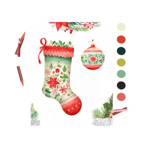 Puede incluir: Una media de Navidad roja y verde con un patrón floral y una bola de Navidad roja y verde. La media está colgada de una guirnalda verde y roja. También hay muestras de pintura roja, verde y negra.