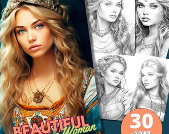 30 hermosas mujeres germánicas para colorear - Páginas para colorear para adultos, descarga instantánea, libro para colorear en escala de grises, archivo PDF imprimible/1191