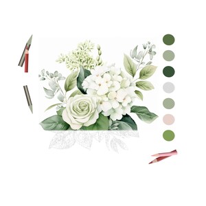 May include: Watercolor illustration of white roses, hydrangeas, and other greenery. The floral arrangement is partially colored, with a color palette of greens and pinks. Two pencils are included in the image.