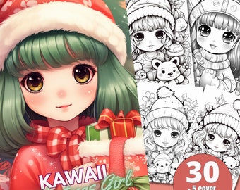 30 páginas para colorear de Navidad de Chibi Kawaii - Páginas para colorear para adultos, descarga instantánea, libro para colorear en escala de grises, archivo PDF imprimible/1364