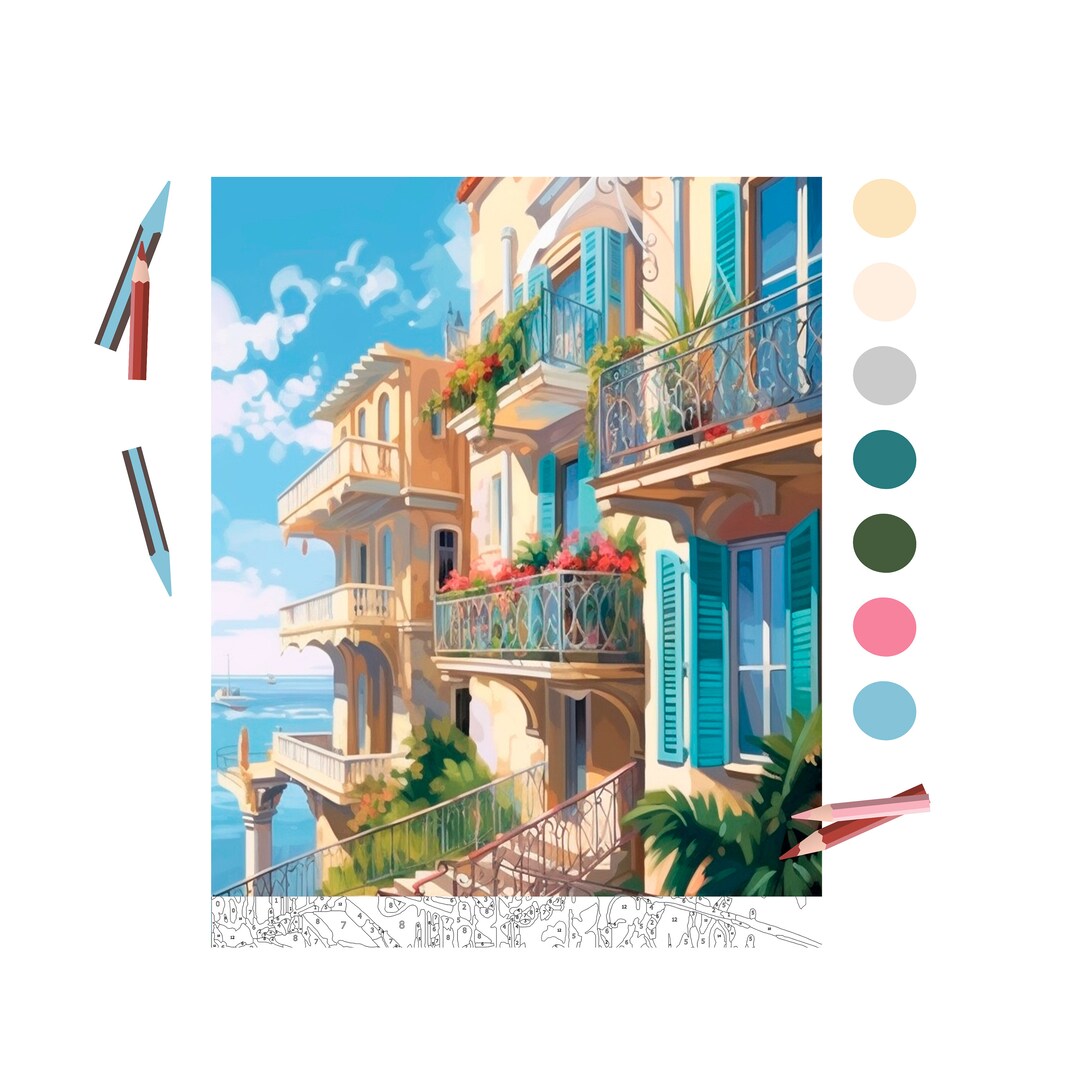 Color by Number for Adult, Paint by Number Printable, Nizza Beach House ...