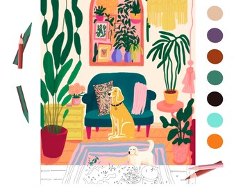 May include: A paint by numbers kit featuring a living room with two dogs, a couch, plants, and a rug. The kit includes a canvas, paint, and brushes.