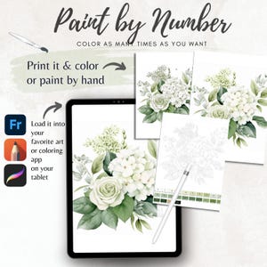 May include: Digital paint-by-number art featuring a floral bouquet with white roses and hydrangeas. The image includes a tablet displaying the artwork, along with instructions to print and color or paint by hand. The text reads "Paint by Number".