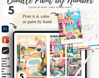 May include: A digital art bundle titled "Bundle Paint by Number" with the number 5. The image shows a tablet displaying coloring pages, a stylus, and printed coloring sheets. The text includes "Print it & color or paint by hand" and "Bohemian Style".
