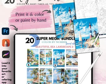 May include: A digital tablet screen displaying a collection of 20 color-by-number images of seascapes. The images are arranged in a grid and each image has a title, such as "Beautiful Beach House" and "Dream Sailboat". The text "SUPER MEGA BUNDLE" and "COLOR BY NUMBER" is displayed at the top of the screen.
