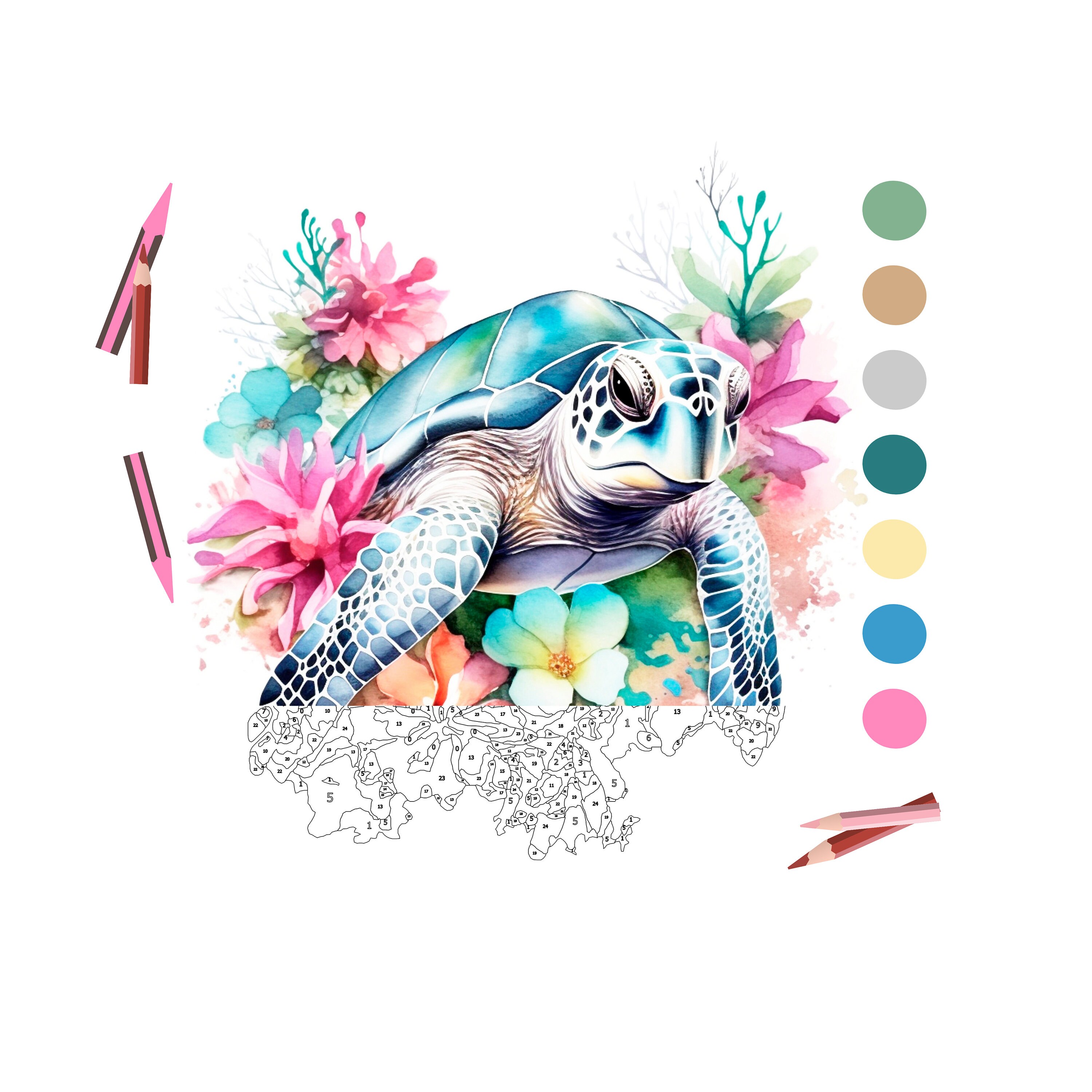 ☆NICK&NICOLE☆ FLOWER COLORING HALF TEEBLUE Color by Number for Adult, Paint by Number Printable, Sea