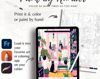 May include: A digital tablet displaying a paint-by-number image of a room with a window overlooking a city skyline. The image is partially colored in, with a black cat sitting on the floor. The tablet is on a white surface, and a stylus is lying next to it. The text "Paint by Number" is at the top of the image, and the text "Load it into your favorite art or coloring app on your tablet" is on the left side of the image.