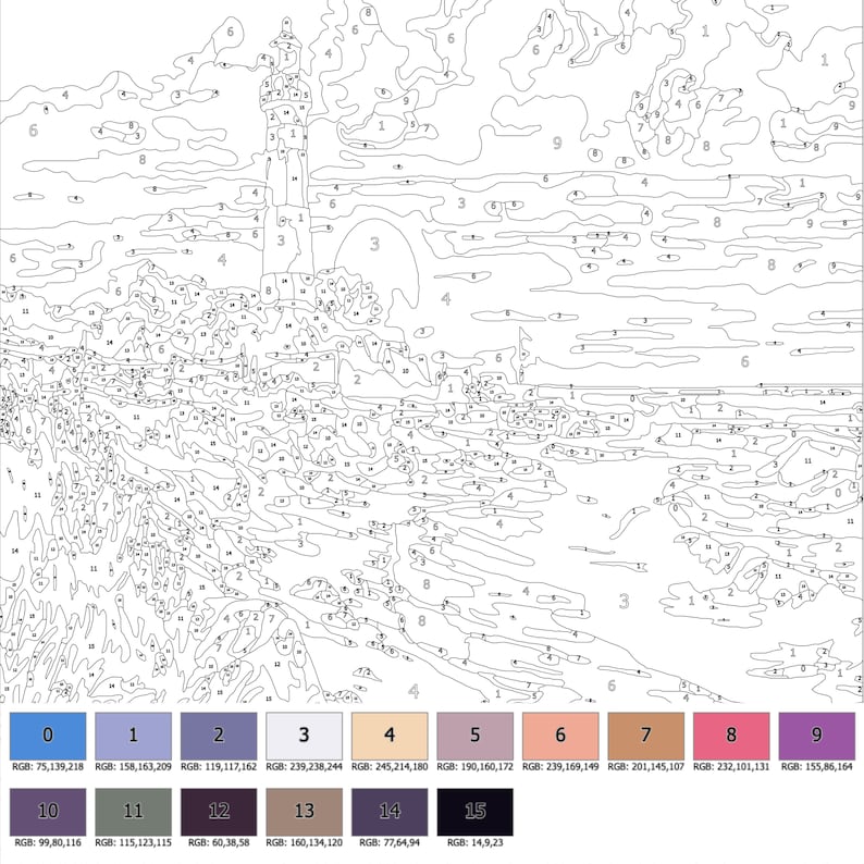 Color by Number for Adult, Paint by Number Printable, Sea Landscape