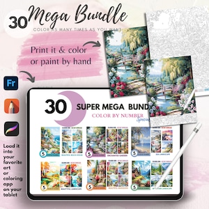 Bundle 30 Color By Number for Adult, Paint by Number Printable,Beautiful Landscape, Coloring Pages ,Sheets Digital Download, Book| 465