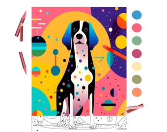 May include: A paint by numbers kit featuring a colorful illustration of a dog with black, white, and pink spots. The dog is sitting in a colorful abstract background with circles and lines. The kit includes a numbered canvas, paint brushes, and acrylic paints.