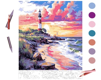 May include: A paint by numbers kit featuring a lighthouse on a rocky shore with a sunset in the background. The lighthouse is red and white with a blue roof. The sky is a mix of pink, orange, and blue. The water is a light blue with white waves. The kit includes a canvas, paints, and brushes.