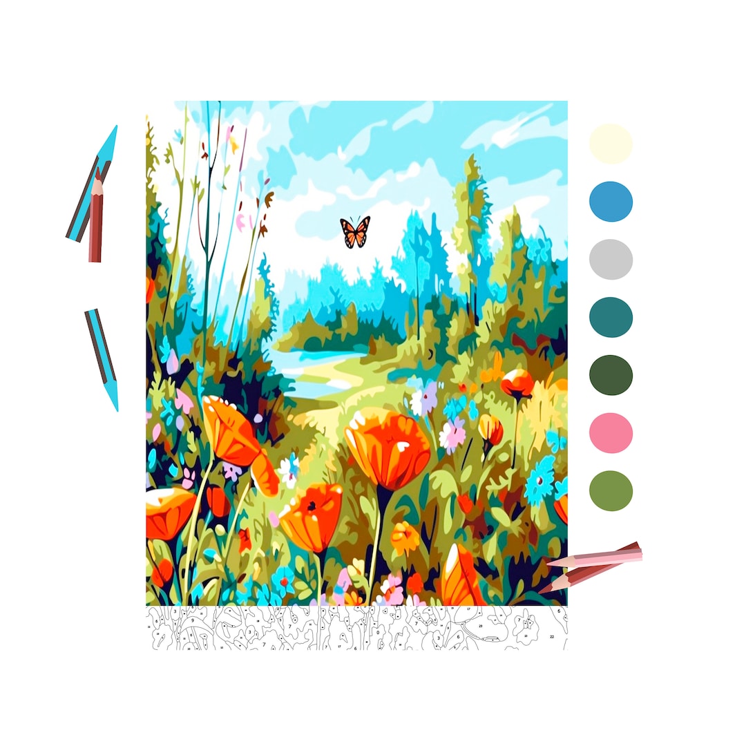 Color by Number for Adult, Paint by Number Printable, Meadow Landscape