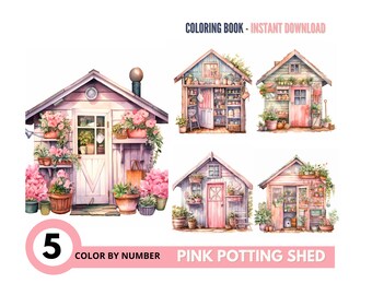 Color By Number for Adult, Paint by Number Printable,5 Pink Potting Shed,Coloring Pages,Sheet Digital Download,Advanced detailed Book| 1201