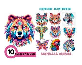 May include: A coloring book with 10 mandala animal illustrations. The cover features a colorful bear with a mandala design. The text "Color by Number" and "Mandala Animal" are also included.