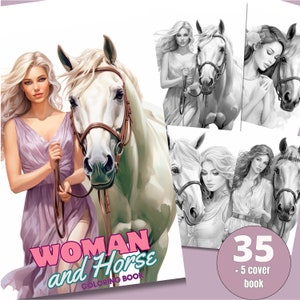 35 Beautiful Woman & Horse Coloring Book - Adults Coloring Pages, Instant Download, Grayscale Coloring Book, Printable PDF File| 757