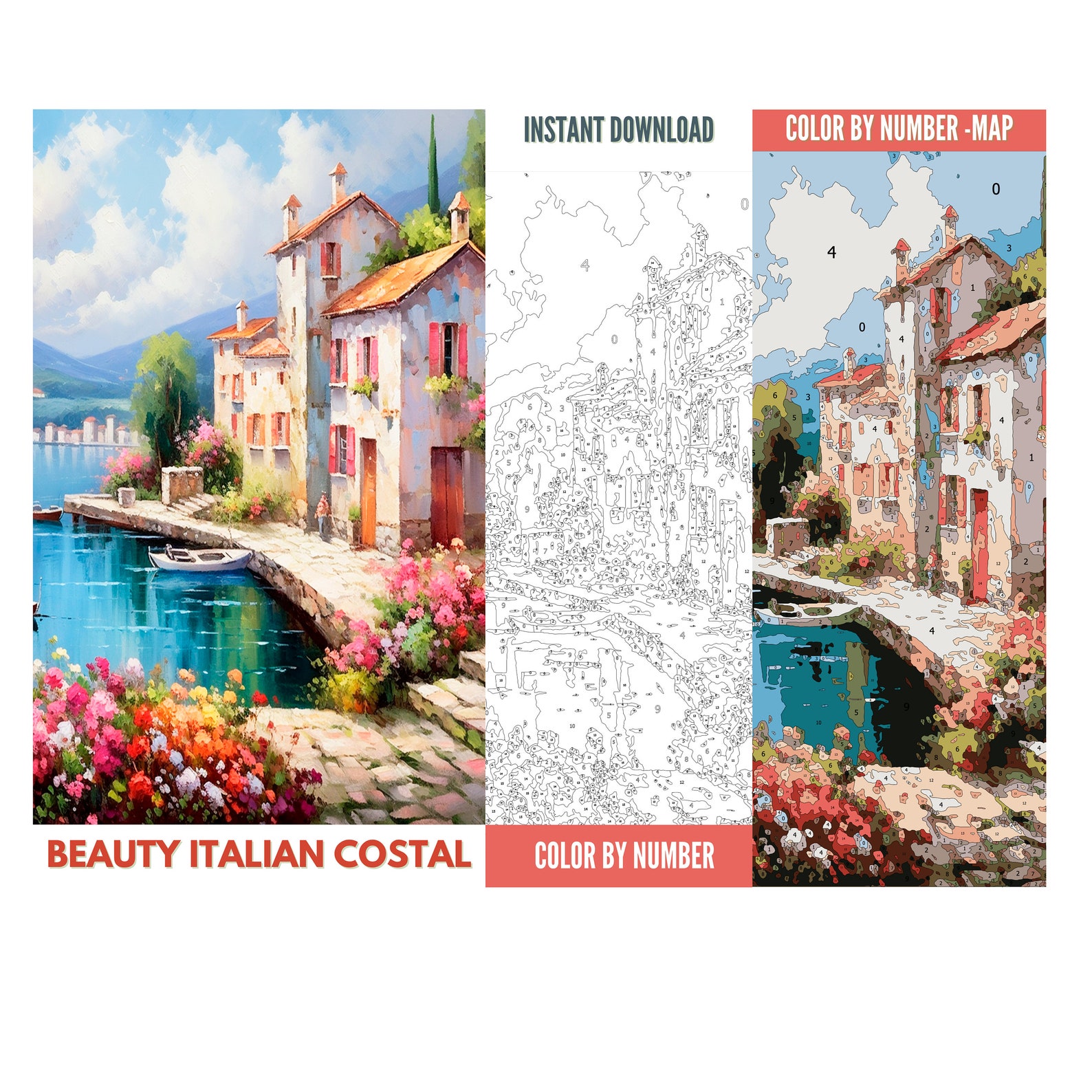 Color by Number for Adult, Paint by Number Printable, Italian Costal ...