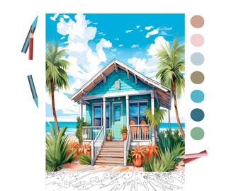 Color By Number for Adult, Paint by Number Printable,Beautiful Beach House,Coloring Pages,Sheet Digital Download,Advanced detailed Book|1742