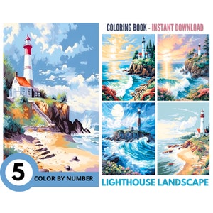 May include: Color by number coloring book featuring five lighthouse landscape illustrations. The book includes a lighthouse on a rocky cliff with crashing waves, a lighthouse on a sandy beach, and a lighthouse with a full moon in the sky.