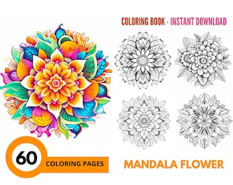 60 Mandala Flower, Coloring Book - Adults Coloring Pages, Instant Download, Grayscale Coloring Book, Printable PDF File | 427