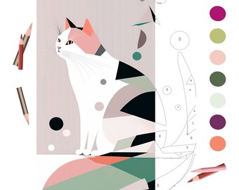 Könnte beinhalten: Geometrische Illustration einer Katze mit weißen, schwarzen und rosa Markierungen, vor einem hellgrauen Hintergrund. Das Bild enthält eine Farbpalette und eine Malen-nach-Zahlen-Umrisszeichnung sowie zwei Buntstifte.