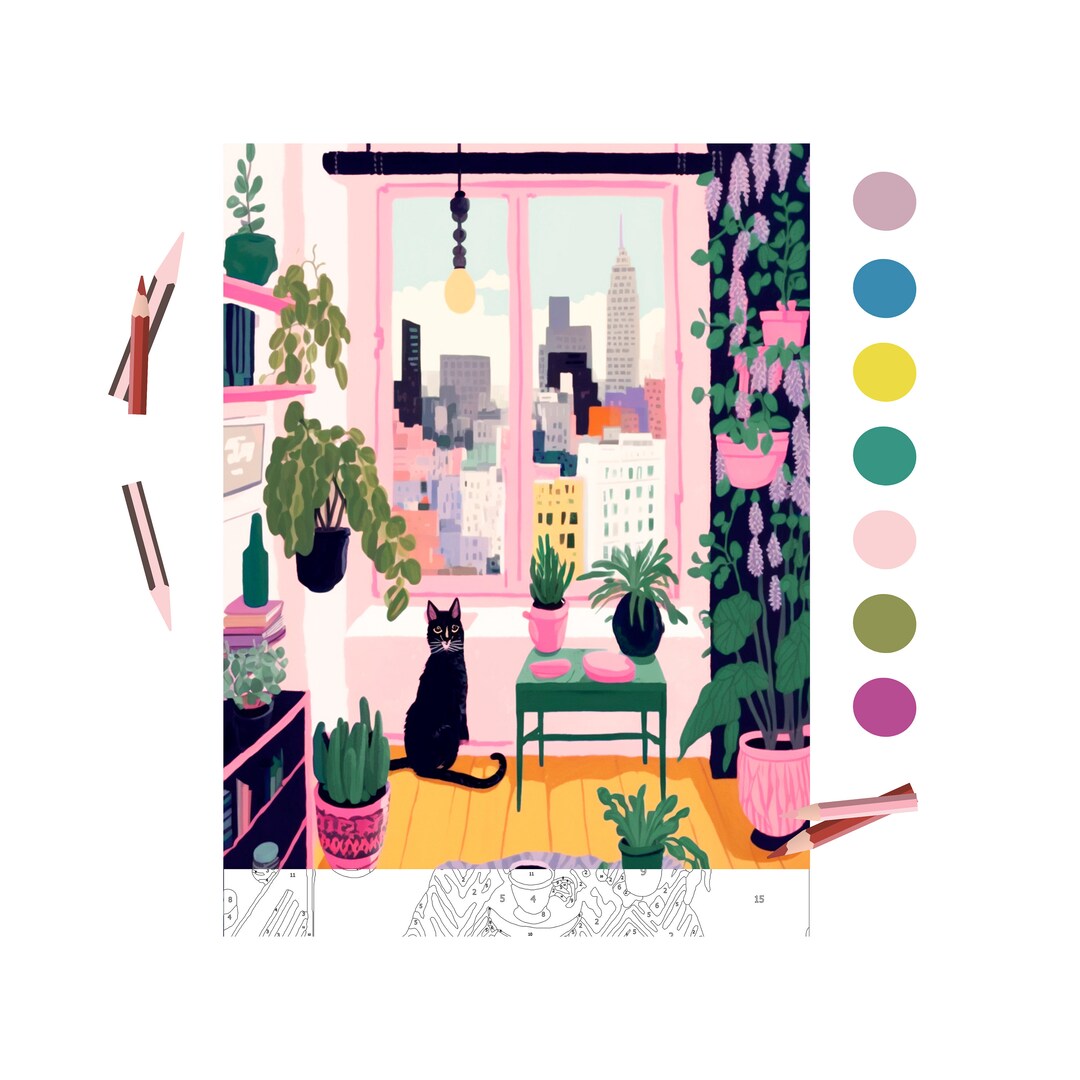 Color by Number Adult,paint by Number Printable, Cat Life in Apartment ...