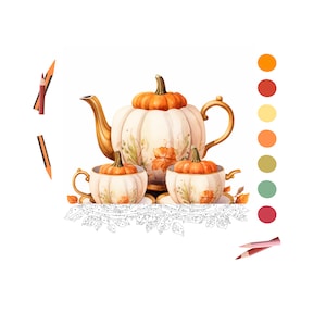 May include: A watercolour illustration of a pumpkin-shaped teapot and two teacups, all with orange pumpkin lids. The teapot and cups are cream-coloured with gold accents and autumn leaf details. A colour palette and pencils are in the image.