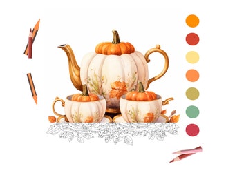 May include: A white teapot and two teacups shaped like pumpkins with orange stems and leaves. The teapot and cups are decorated with a floral pattern. The set is on a white lace tablecloth with a brown border.