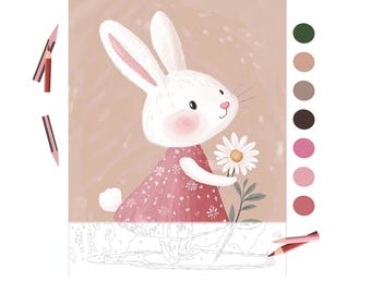 Cute Pink Bunny Color By Number for Adult, Paint by Number Printable| Rabbit Animal ,Sheets Digital Download,Advanced detailed Book| 1836